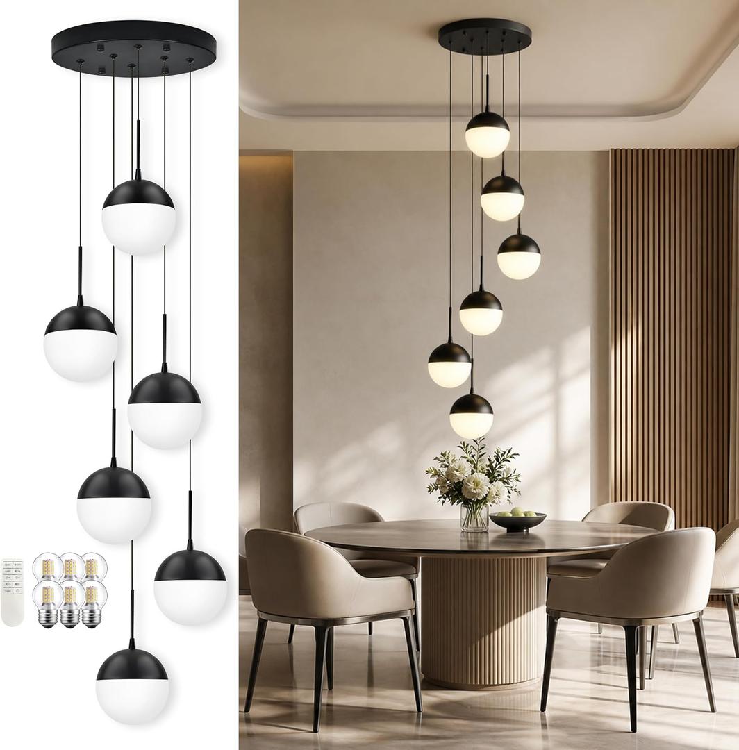 Black 6-Light Dimmable Modern Chandeliers for Dining Room Chandelier Milky White Glass Globe Height-Adjustable Mid Century High Ceiling Chandelier for Living Room (Bulb & Remote Incl)