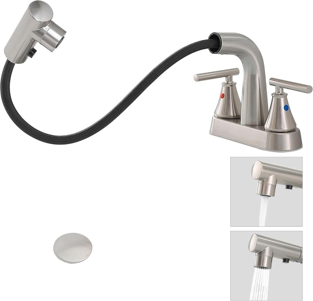 FRANSITON Bathroom Faucets with Pull Out Sprayer, 4 Inch Brushed Nickel Bathroom Faucet 3 Hole, 2 Handle Pull Down Sprayer Bathroom Sink Faucet with 360 Swivel Spout, Metal Pop-Up Drain,
