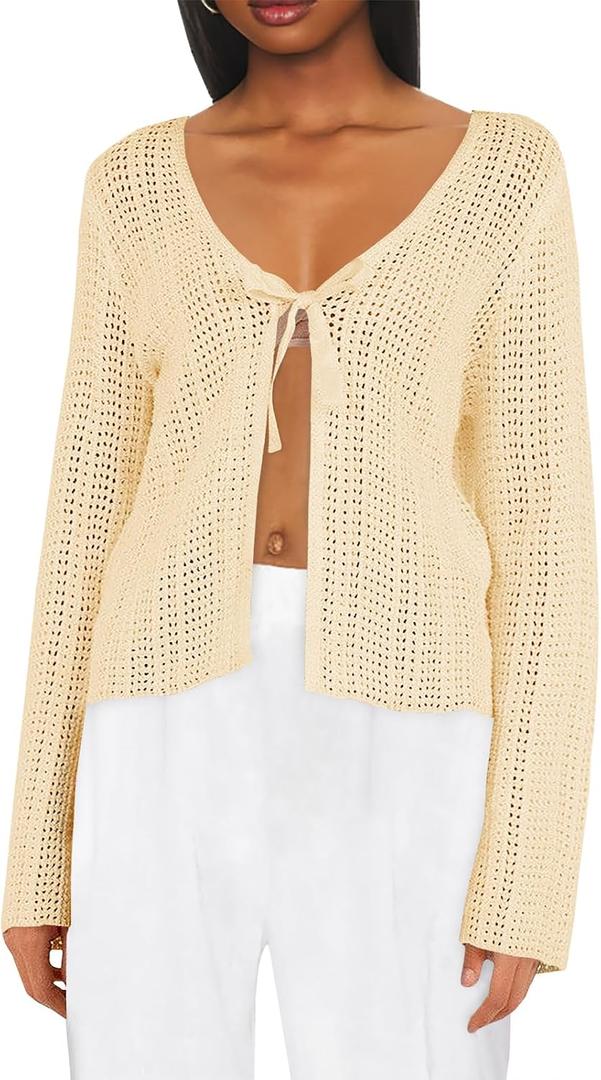 Saodimallsu Womens Summer Crochet Lightweight Cardigans Tie Front Mesh Knit Long Sleeve Casual V Neck Beach Cover Ups (Beige)