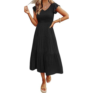 MEROKEETY Women's Flutter Short Sleeve Smocked Midi Dress Summer Casual Tiered A, Line Dress, Black, L