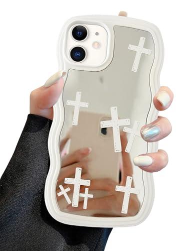 Jusy Compatible with iPhone 12/12 Pro Case with Wavy Edge, Cute White Cross Pattern Mirror Curly Phone Cases, Shockproof Hard PC & Soft TPU Bumper Protection Cover for Women Girls-Cross Pattern