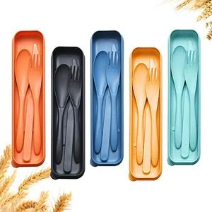 Reusable Travel Utensils Set with Case, 12 Sets Wheat Straw Portable Plastic Fork Spoons Knife Camping Cutlery, Eco-Friendly BPA Free Lunch Tableware for Kids Adults Travel Picnic Utensils