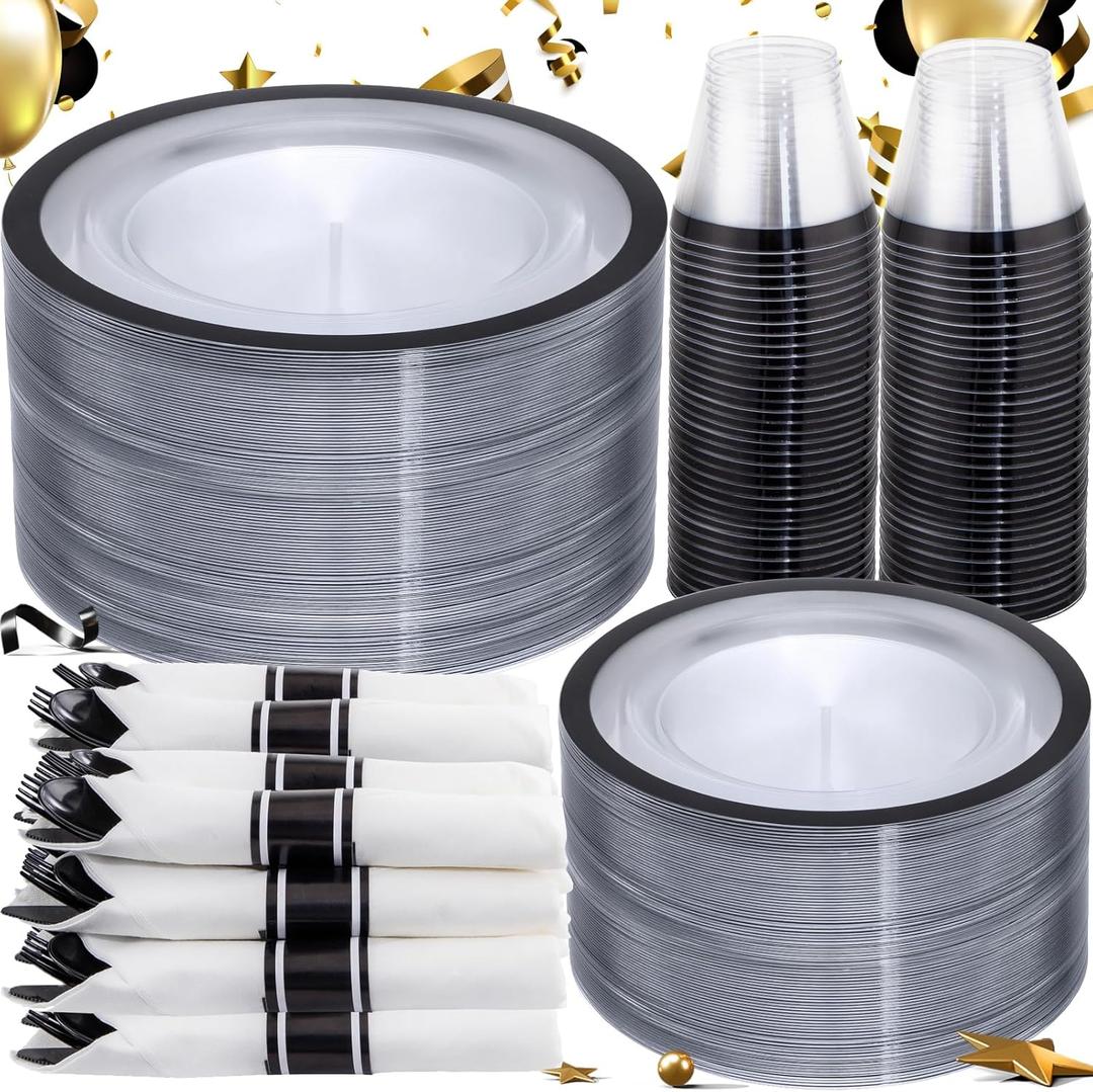 I00000 350 Pcs Clear and Black Plastic Plates,Black Dinnerware Set, Include 50 Dinner and 50 Dessert Plates,50 Plastic Cups,50 Per Rolled Napkins with Cutlery for Happy New Year 2026