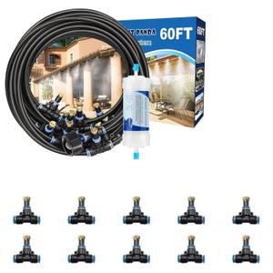 Outdoor Mister System for Outside Patio, 60FT Misting Hose w Filter+ Tee-Connector 10PCS. Misters Cooling System. Water Mist Hose for Backyard, Garden, Umbrella, Canopy, Gazebo.Kids TrampolineSprinkl