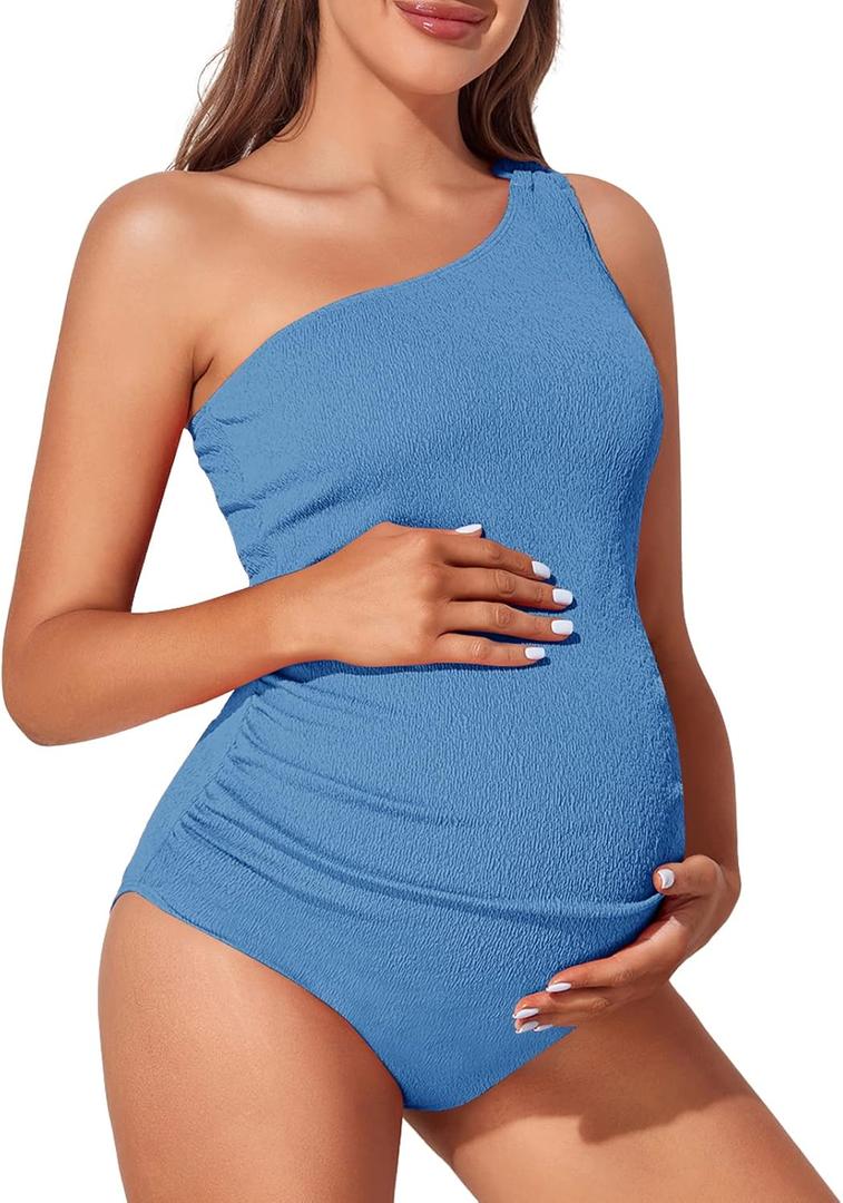 Summer Mae Maternity Swimsuit One Piece One Shoulder Ribbed Pregnancy Bathing Suit (X-Large, Sky Blue)