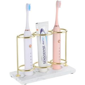 Emibele Electric Toothbrush Holder, 3 Slots 2-Layer Resin Electric Toothbrush Holder Bathroom Toothpaste Razor Storage Non-slip Organizer for Bathroom Toothbrush Toothpaste Cleanser, Gold Marble White