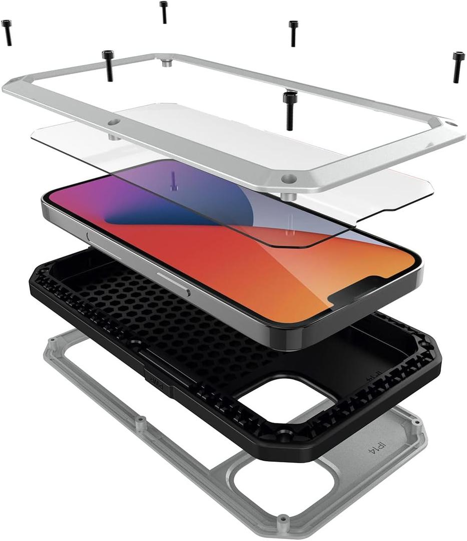 Marrkey for iPhone 14 Case, 360 Full Body Protective Cover Heavy Duty Shockproof Tough Armour Aluminum Metal Case with Silicone Built-in Screen Protector for Apple iPhone 14 6.1 Inch - Silver