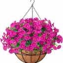 Ouddy Decor Artificial Hanging Plants Flowers Basket for Spring Summer Outdoor Decor, Fake Hanging Flowers Faux Silk Morning Glory UV Resistant for Patio Yard Porch Garden Home Decorations, Fuchsia