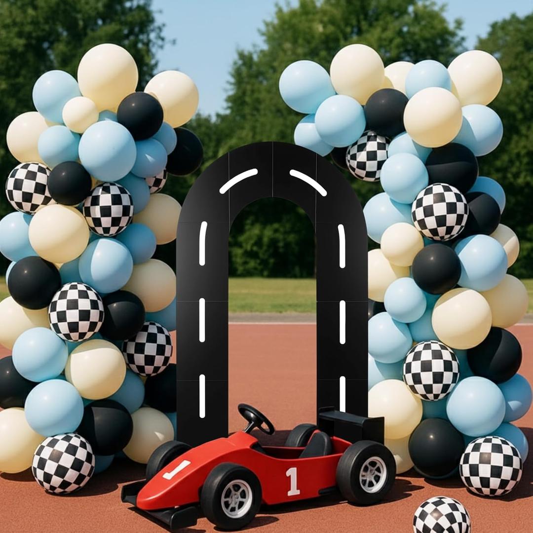 Zhanmai Racing Party Backdrop Decor Open U Shaped Race Track Arch Backdrop Stand with Weighted Water Bag Racetrack Pre-Cut Foam Board Set for Race Car Road Go Kart Birthday Games Party(5 ft)