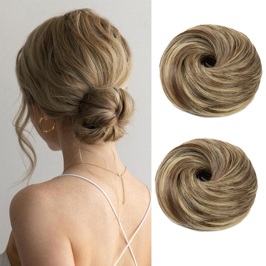 2PCS Small Cute Messy Bun Hair Piece for Thin Hair Women Mini Synthetic Curly Bun Scrunchies Updo Hairpieces Brunette And Butter Blonde