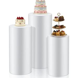 3 Pcs Cylinder Stands for Party, PVC Large White Cake Pedestal Stand, Round Reusable Dessert Display Tables for Birthday Wedding Baby Shower Decoration, 35. 4'' H, 29. 5'' H, 23. 6'' H