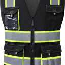 JKSafety Hi Vis Reflective Safety Vests for Men Women High Visibility Vest with Pockets Mesh Fabric Construction Safety Apparel Neon Vest for Work (220-Black L)