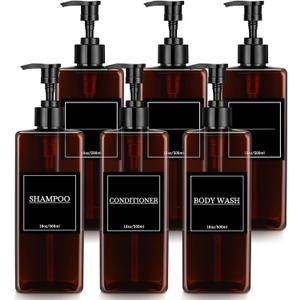 Tanlade 6 Pcs Shampoo and Conditioner Dispenser Bottles 16oz Modern Shower Soap Bottles with Pump, Labels and Marker Pen Easy to Refill Body Wash Dispensers for Home Bathroom Decoration(Brown)