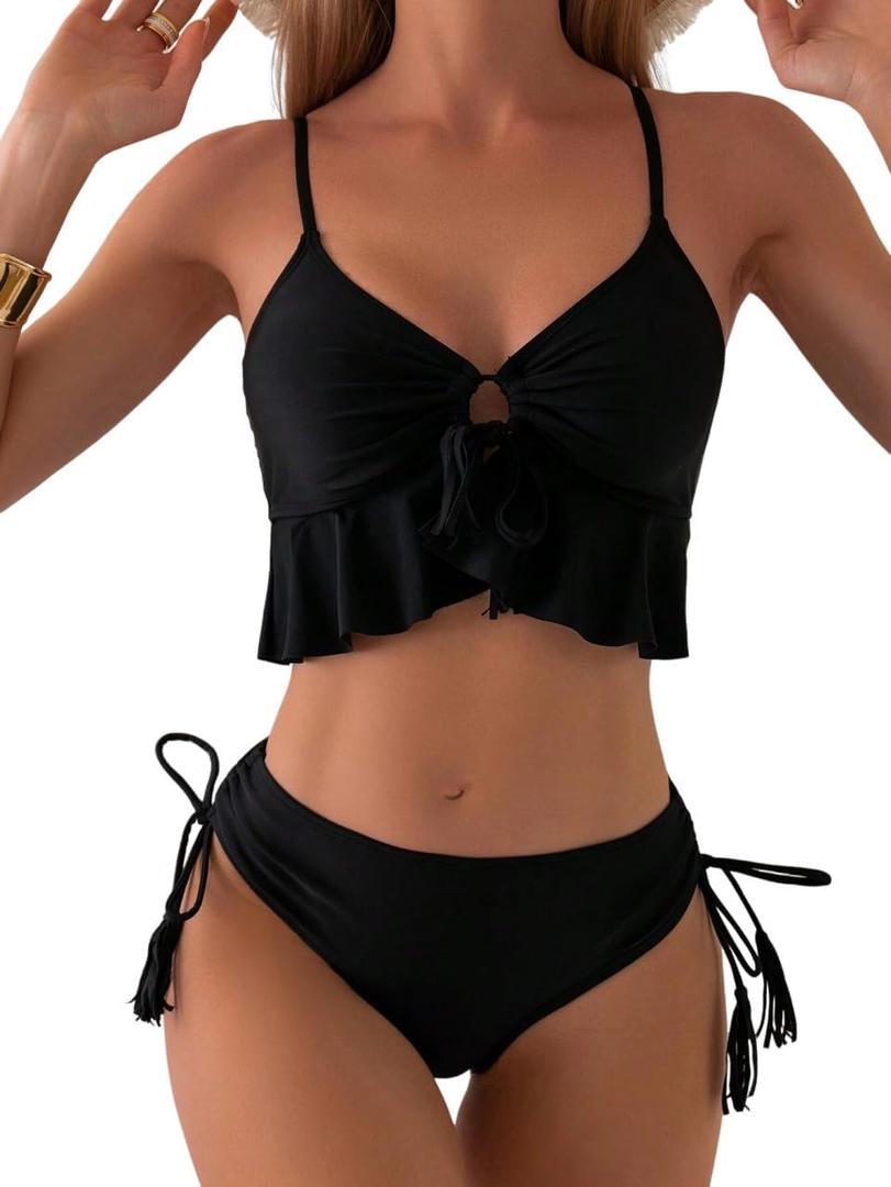 ZAFUL Women Tankini Set, Ribbed High Cut Surplice Swimsuit Bathing Suit with Spaghetti Straps (Medium, 15-black)