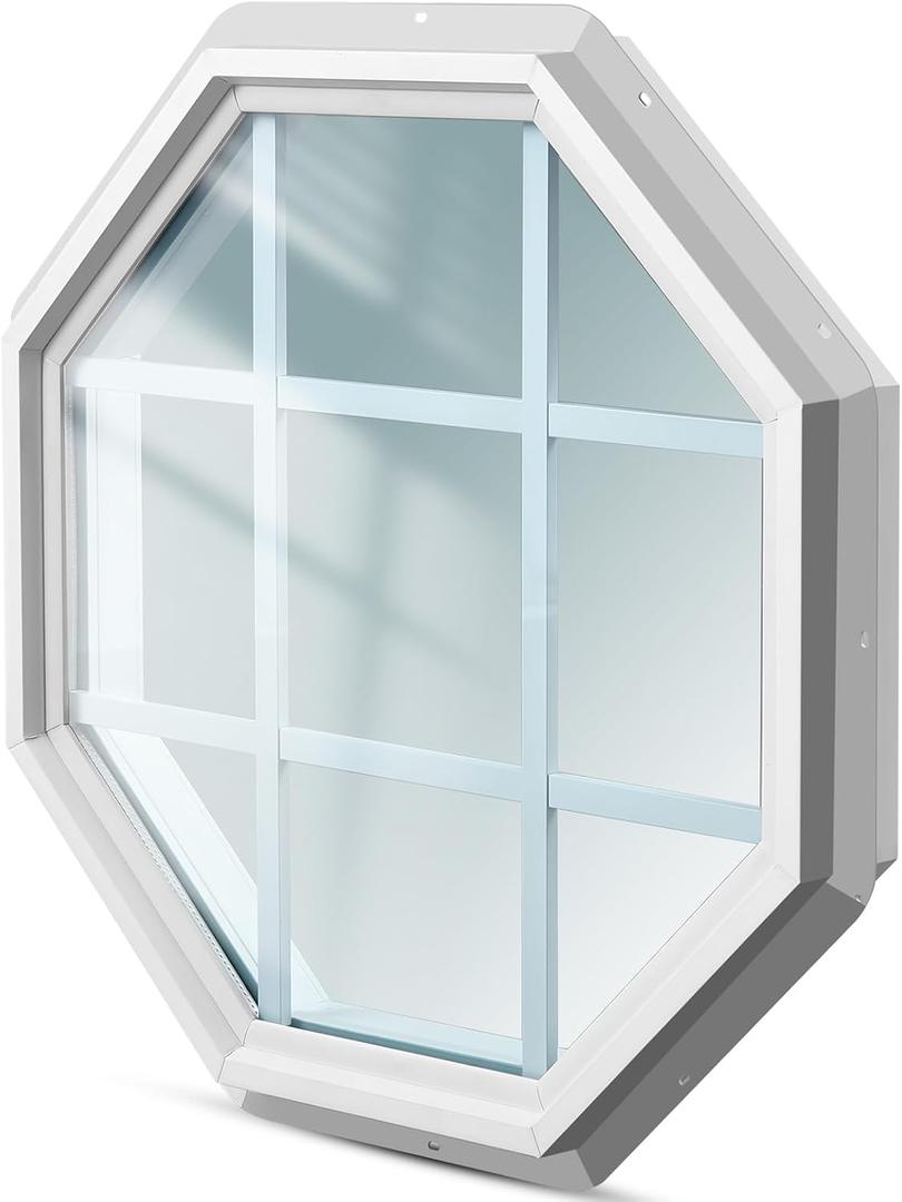 Riakrum 1 Pcs 24"x24" Vinyl Octagon Shed Window with Grill Vinyl Octagon Gable Flush Mount White Window with Grids and Tempered Clear Glass Heavy Duty Frame for Sheds Playhouses and Chicken Coops
