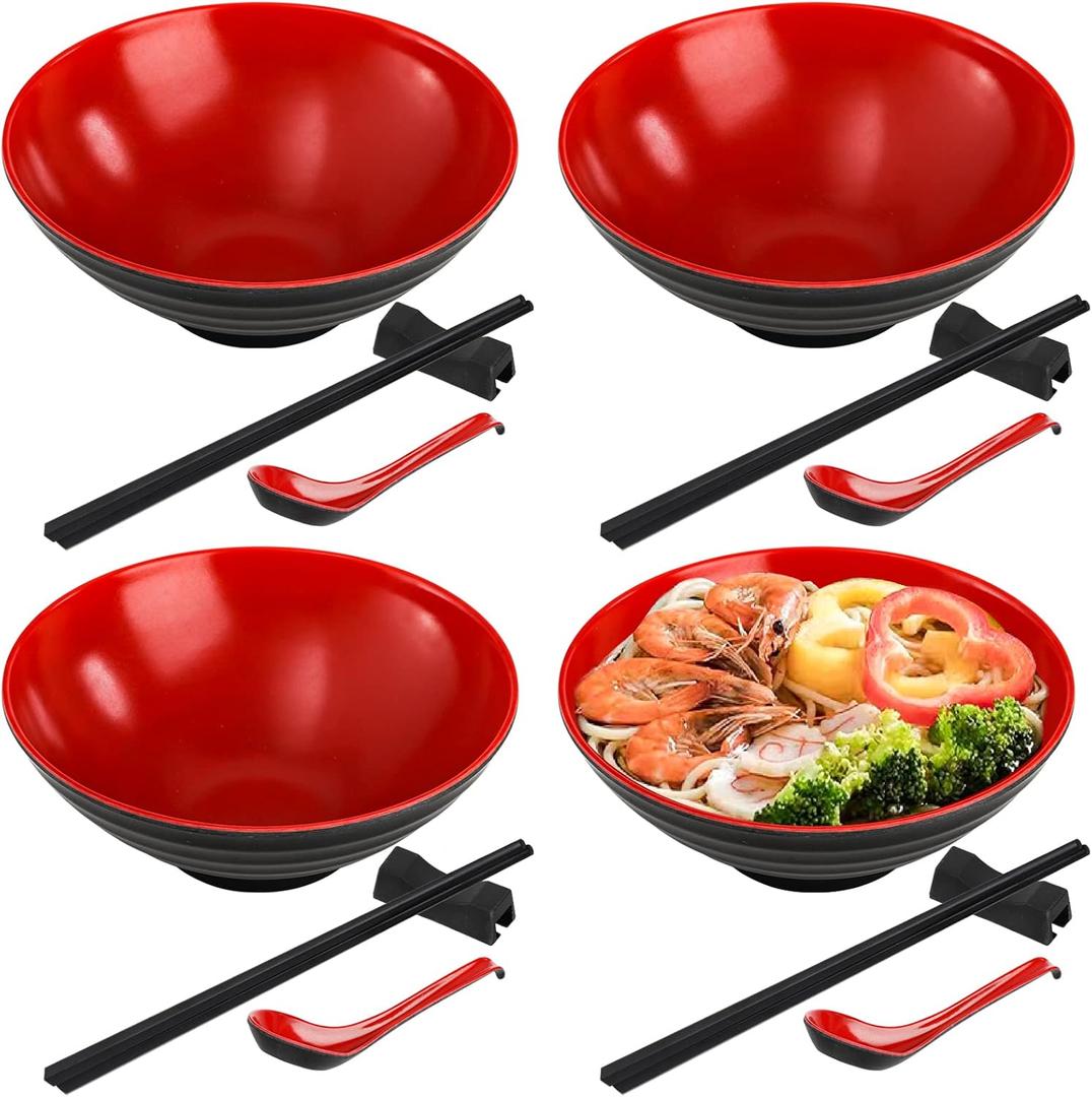 Lyellfe 16 Pieces Ramen Bowl Set, Restaurant Quality Soup Bowl, 33 Oz Plastic Dinnerware with Spoons, Chopsticks and Stands for Udon Soba Pho