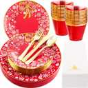 Hioasis 175pcs Plastic Place Setting - Christmas Theme, Red & White Garland, Includes 25 Dinner & Dessert Plates, Gold Utensils, Clear Cups, Napkins. BPA-Free, Reusable, Perfect for Parties