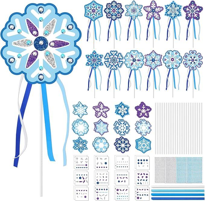 Marspark 24 Set Princess Snowflake Wand Kit Includes Make Your Own Unfinished Paper Snow Fairy Wands for Winter Princess Theme Birthday Party Favors Play Supplies Decorations
