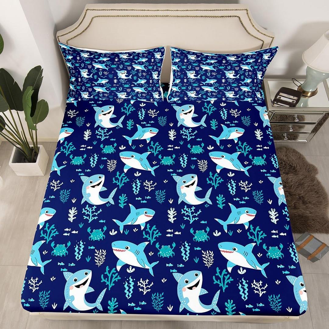 Cute Shark Fitted Sheet Twin,Seaweed Coral Bedding Set 2pcs for Kids Teens Girls Boys Room Decor,Marine Life Undersea Animals Bed Cover Sea Blue Bed Sheet Set with 1 Pillowcase (Wws9887)