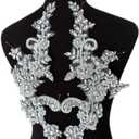 Handmade Rhinestones Applique Silver Glass Stones Beads Bling Bright Crystal White Lace Patches Bodice Accessories for Weding Dress Decorations, 15x33cm