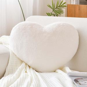Ivory Heart Pillows, Cute Heart Decorative Pillow, Heart Shaped Throw Pillows for Bed, Faux Rabbit Fur Plush Hoom Decor Pillow Cushion for Chair Sofa Living Room (Medium-15.7"x11.8")