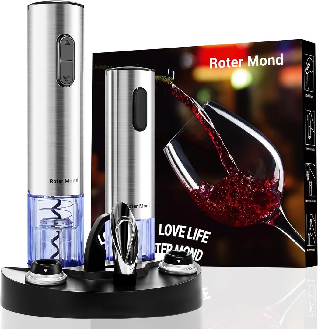 Electric Wine Opener Set, Roter Mond Automatic Wine Bottle Opener with Charging Base, 7-in-1 Wine Present with Wine Aerator Pourer Electric Vacuum Pump with 2 Stoppers Wine Foil Cutter for Home Party (7-in-1 Wine Set)