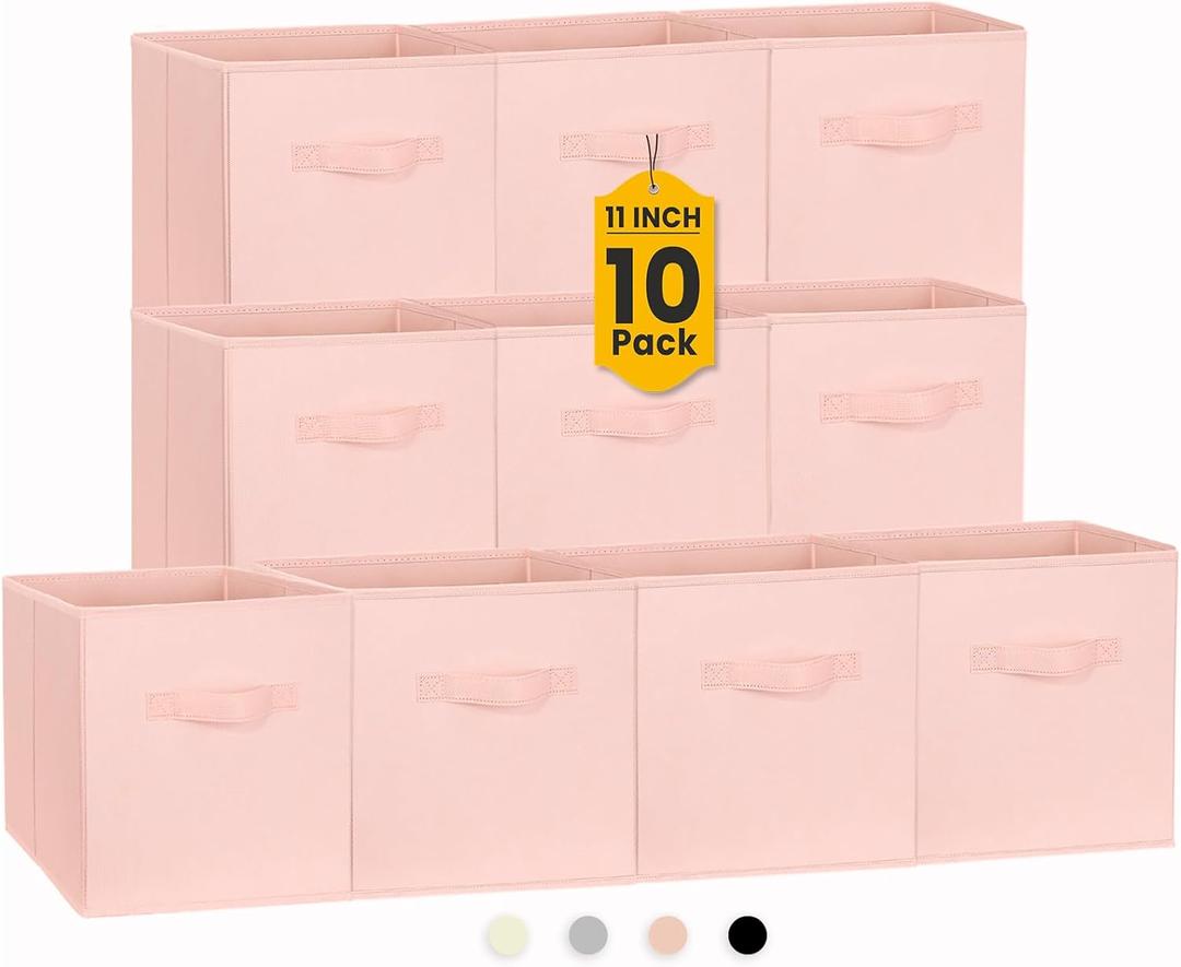 Criusia Storage Cubes, 11 Inch Cube Storage Bins for Shelves Closet Bedroom Baby Nursery - 10 Pack Collapsible Storage Baskets with Handles - Fabric Bins for Organizing Clothes Blanket Toys (Pink)