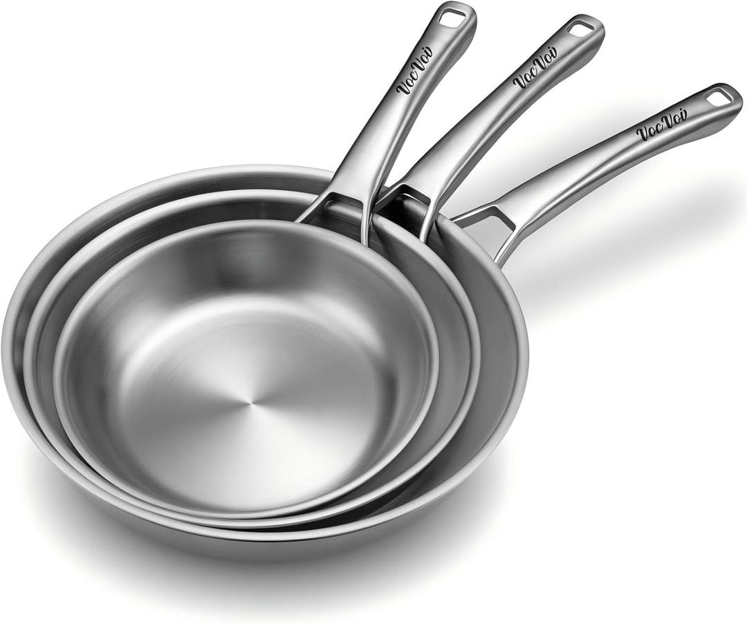VocVoi Stainless Steel Pan Set, Frying Pan Set, 8/10/12 Inch Stainless Steel Cookware Set, PFOA&PTFE Free Tri-Ply Skillets, Chef's Pan Set, Dishwasher and Oven Safe, Induction Compatible