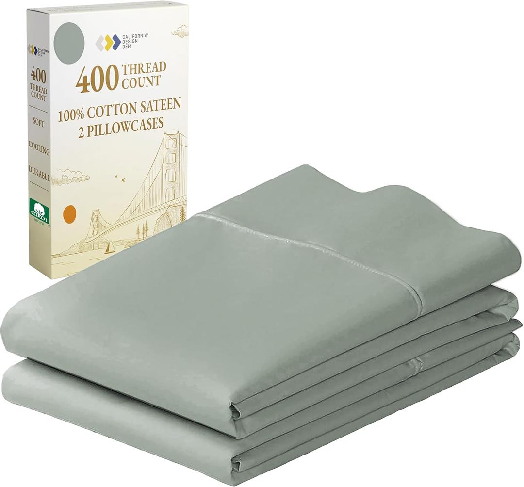 California Design Den King Size Pillowcase Set - 400 Thread Count, 100% Cotton Sateen, Luxury Set of 2 Pillow Covers, Breathable, Cooling, Soft for Comfortable Quality Sleep - Sage Green