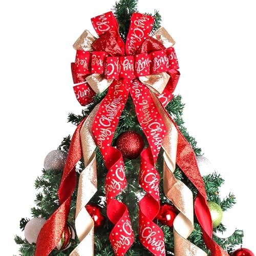 Christmas Tree Topper Christmas Wreath Bow 45"x12" Large Christmas Toppers Bow with Letter Patterned for Xmas Tree Rustic Farmhouse Home Holiday Party Decorations Red
