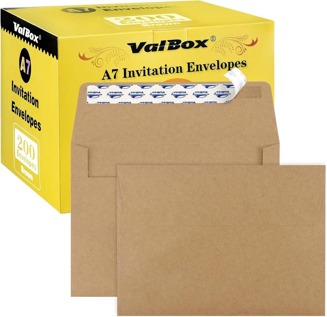 ValBox 200 Qty A7 Invitation Envelopes 5 x 7, 120GSM Brown Kraft Paper Envelopes for 5x7 Cards, Self Seal, Weddings, Invitations, Baby Shower, Stationery, Office, 5.25 x 7.25 Inches
