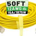 POWGRN 50 ft 12/3 Outdoor Extension Cord Waterproof Heavy Duty with Lighted Indicator End 12 Gauge 3 Prong, Flexible Cold-Resistant Long Power Cord Outside, 15Amp 1875W SJTW Yellow ETL Listed