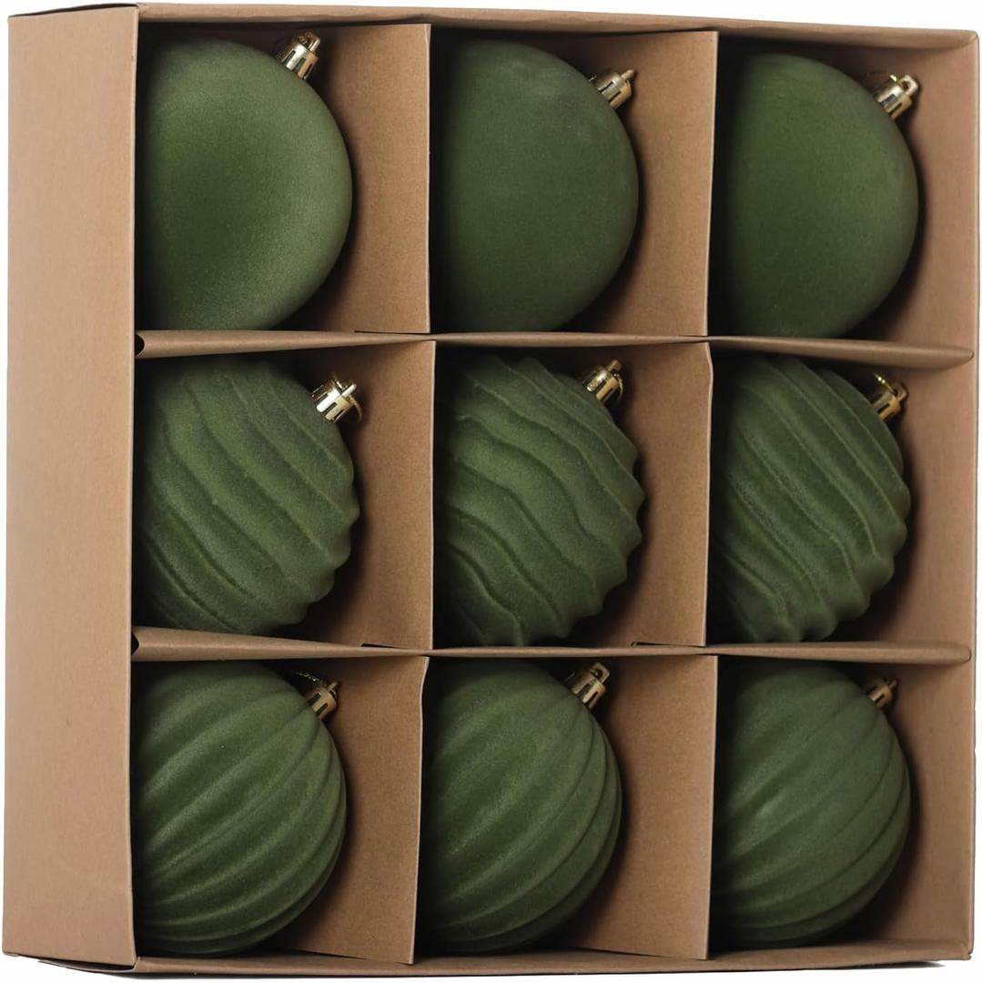 Senjie Velvet Christmas Balls Flocked Christmas Tree 4inch Ornaments 9PCS Plastic Balls Xmas Hanging Ornaments Decoration Avocado Green