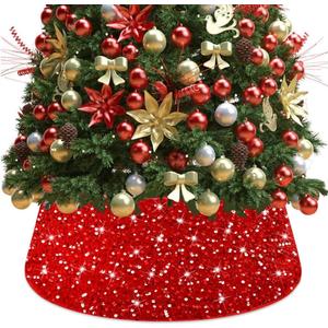 FUHSY Red Christmas Tree Collar Sequin Merry Christmas Tree Skirt 23.6 Inch Glitter Velvet Trees Skirts Sparkly Christmas Trees Trunk Ring Base Cover for Holiday Party Red Xmas Decoration (Round-Standard)