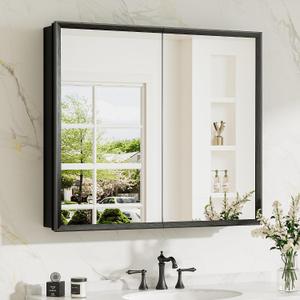 TokeShimi 30 x 26 Medicine Cabinet Mirror for Bathroom, Assembly Required, Black Recessed Medicine Cabinet with Mirror, Stepless Adjustable Shelves, Beveled Aluminum Frame, Tempered Glass