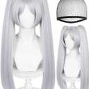 ANOGOL Hair Cap + White Ponytail Wig Women Long Straight Silver Wigs for Cosplay Synthetic Hair Silver Anime Wig with Double Ponytails White Pigtail Wig for Halloween Party Costume Outfit