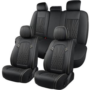 Leather Car Seat Covers 5 Pieces, Full Set Universal Seat Covers for Cars, Waterproof Nappa Leather Auto Seat Protectors, Black Car Seat Cover Most Sedans SUV Pick-up Truck Black&BeigeLine