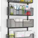 Adjustable Over The Door Organizer, Closet Door Organizer Heavy Duty Hanging Door Storage with 4 Metal Baskets and PVC Pocket, Behind Organizer for Bathroom Closet Bedroom Cabinet, Black