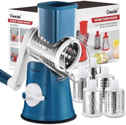 Geedel Rotary Cheese Grater Cheese Shredder - Upgraded 5-in-1 Cheese Grater with Handle and Strong Suction Base, Multi-purpose Vegetable Slicer Ice Shaver Nuts Grinder for Ice, Vegetables, Fruit, Nuts