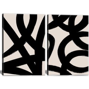 Framed Abstract Wall Art Canvas Set Lines Pictures Modern Mid Century Boho Wall Decor Minimalist Abstract Black Stroke Lines Canvas Painting Artwork Living Room Bedroom Home Office 16"x24"x2