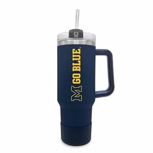 Campus Colors College & University 40 oz Travel Tumbler With Handle - Dual Option Lid With Straw - Vacuum Insulated Stainless Steel (Michigan Wolverines - Navy)
