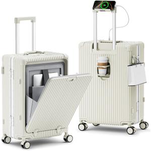 20 Inch Aluminum Frame Carry On Luggage with Front Pocket, USB Port, Phone Holder & Cup Holder, Hard Shell Spinner Suitcase for Airplane Travel, White