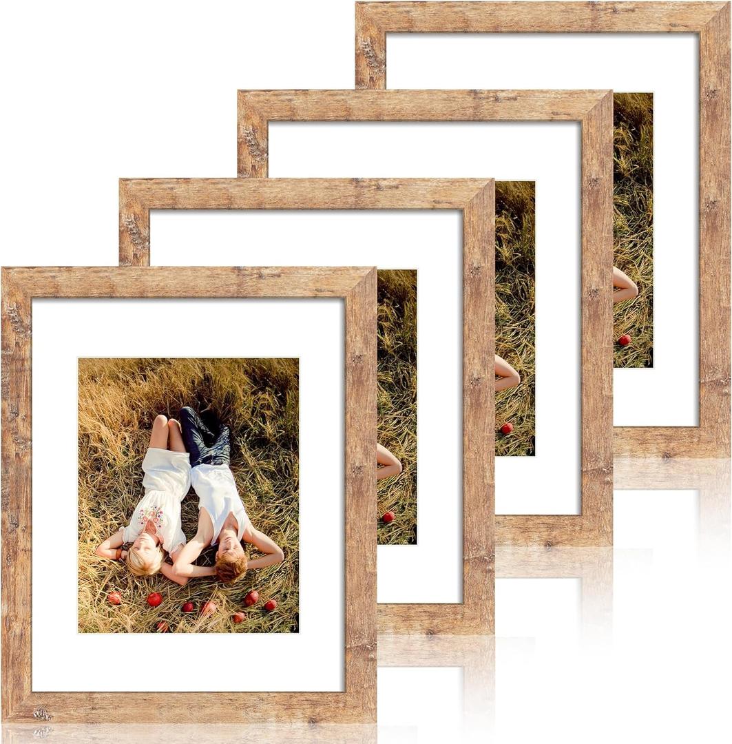 iRahmen 11x14 Picture Frame Set of 4 with Tempered Glass, Rustic Brown Frame Display 8x10 Pictures with Mat or 11 x 14 Without Mat, Wooden Photo Frames for Wall Mounting