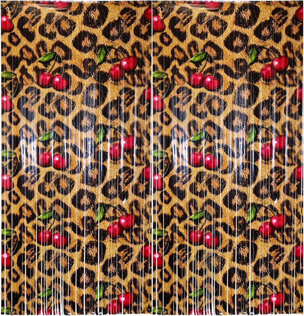 Cheetah and Cherry Birthday Decorations Foil Fringe Backdrop 4-Pack, Retro Leopard Print Bachelorette Party Supplies, 3.3 x 6.6ft Red Tinsel Curtain for Photo Booth, Upgraded Adhesive Stay