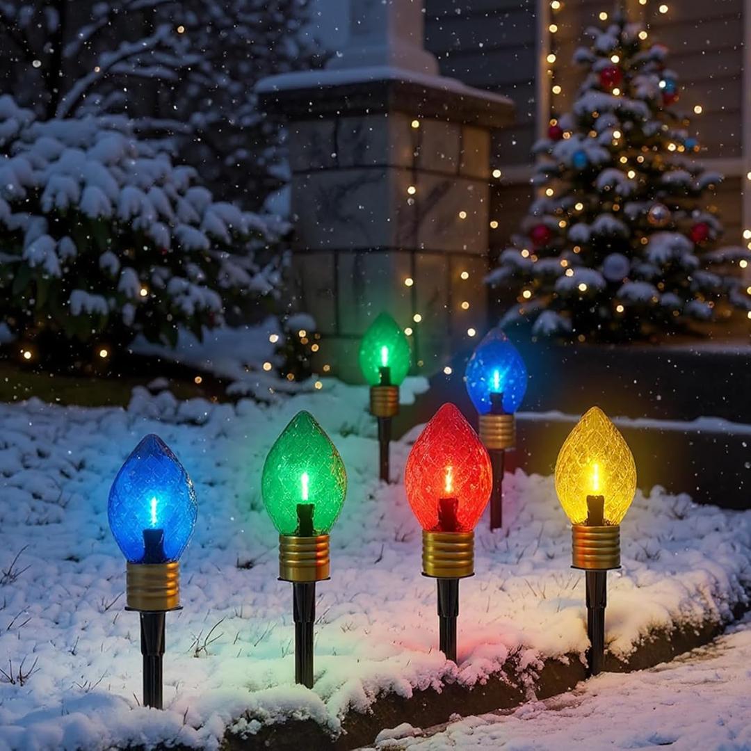 Jumbo C9 Christmas Pathway Lights Outdoor,7FT Jumbo Christmas Lights with Pathway Marker Stakes and 4 LED Diamond Pattern Multicolor Bulb for Holiday Outside Yard Garden Decor,4 Lights