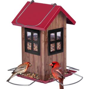 Kingsyard Cute Bird House Feeders for Outside, Hanging Metal Bird Feeder with 4 Ports, Outdoor Garden Yard Decorations for Cardinals Finches Chickadees Goldfinches & Sparrows Birds Watching (Red Roof & Black Window)