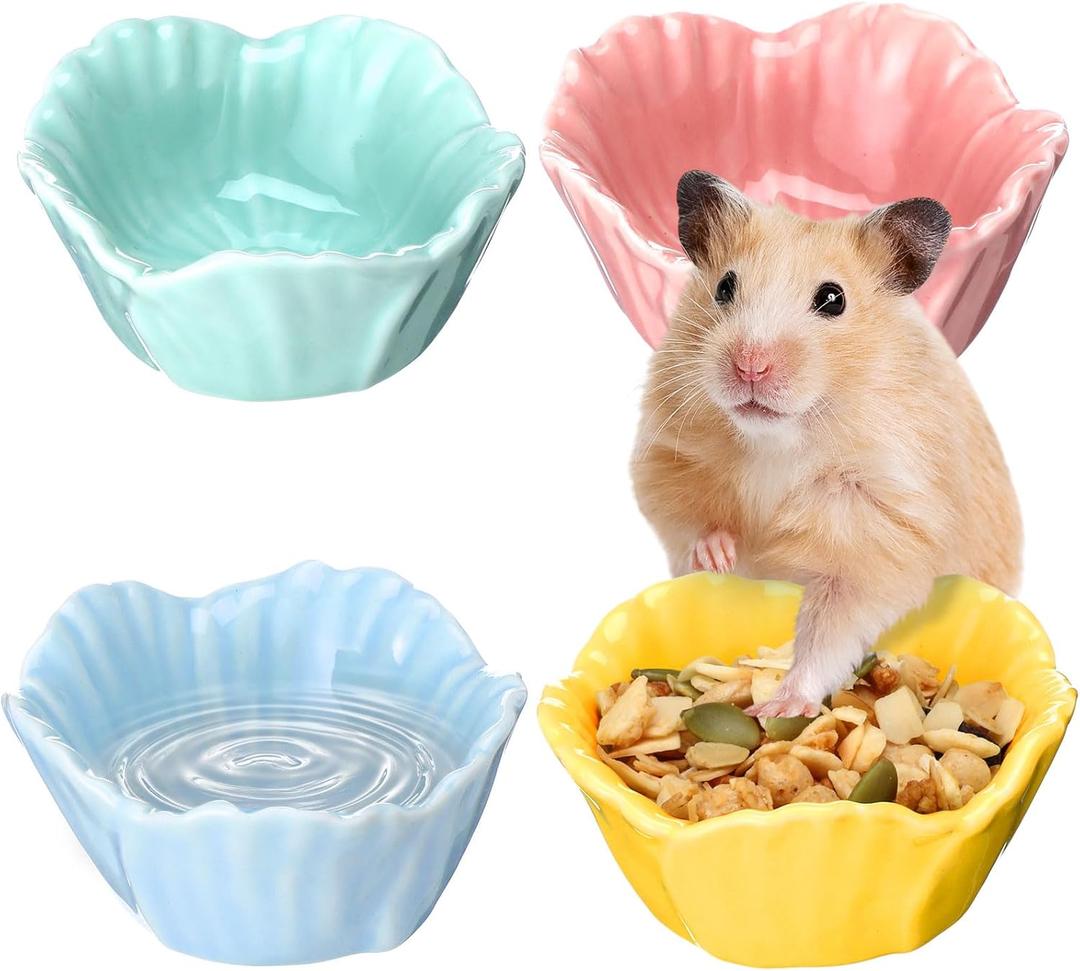 4 Pack Small Ceramic Pet Hamster Bowl, 2.68 x 2.68 x 1.38 Inch Flower Shaped Small Water and Food Bowl Feeder Dish for Guinea Pig Parrots Gerbil Rat Mice Rabbit Chinchilla, Easy to Clean Anti Flipping