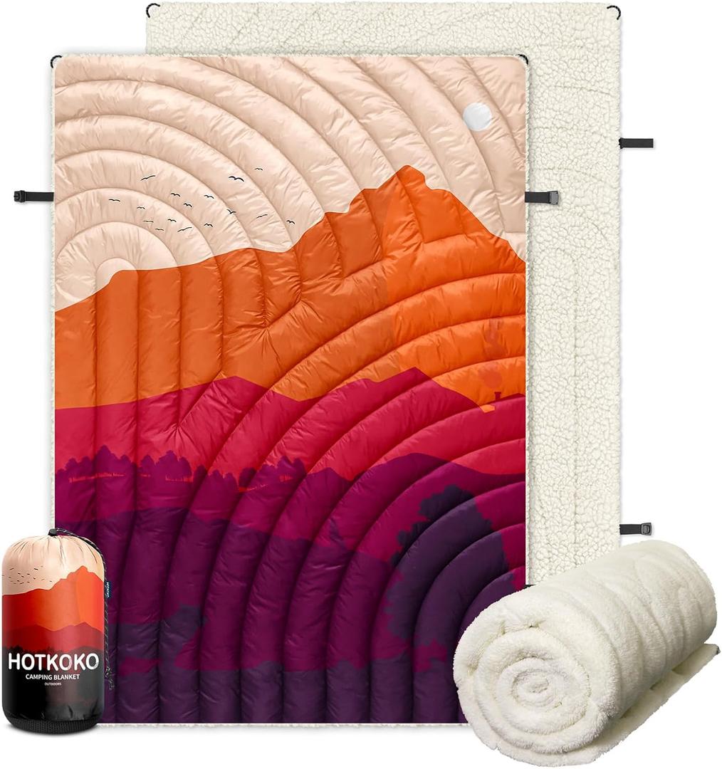hotkoko Outdoor Camping Blanket, Warm Thick Camp Blankets with Sherpa Lining Soft Fleece Camping Blanket Puffy Camping Quilt for Cold Weather Traveling, Stadium, Hiking, Picnics