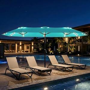 Tobeos 15ft Large Patio Umbrella with Solar Lights and Base, Double-Sided Outdoor Rectangle Umbrella with 48 LED Lights, Market Table Umbrellas with UV Resistant Canopy, Peacock Blue