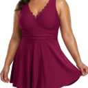 Charmo Plus One Piece Swimsuit with Skirt Ruched Tummy Control Bathing Suit Swim Dress Modest Curvy Swimwear Dark Red 2X